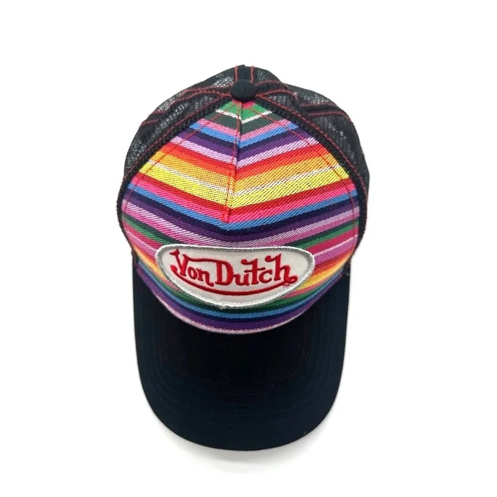 Von Dutch Rainbow Striped Trucker Hat Black Mesh Snapback One Size Unisex USA